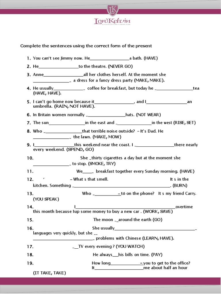 Present Tense Sentence Completion Exercise | PDF | Language Arts ...