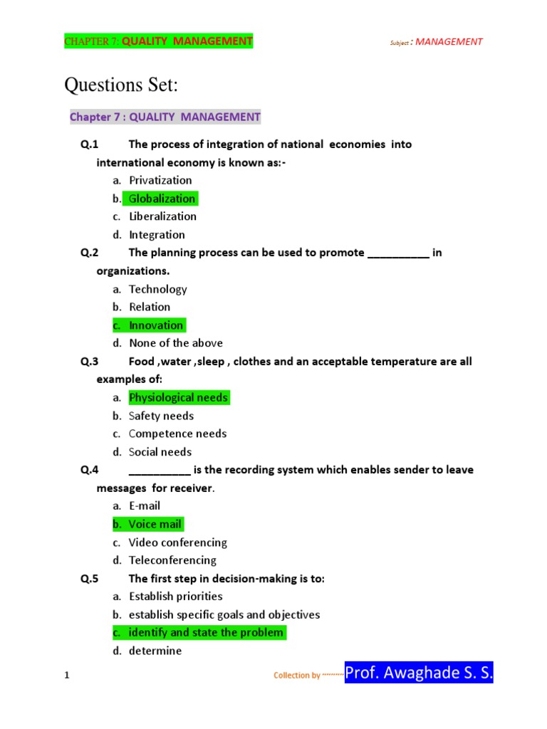 MCQS Management Chapter7 Quality Management PDF Quality