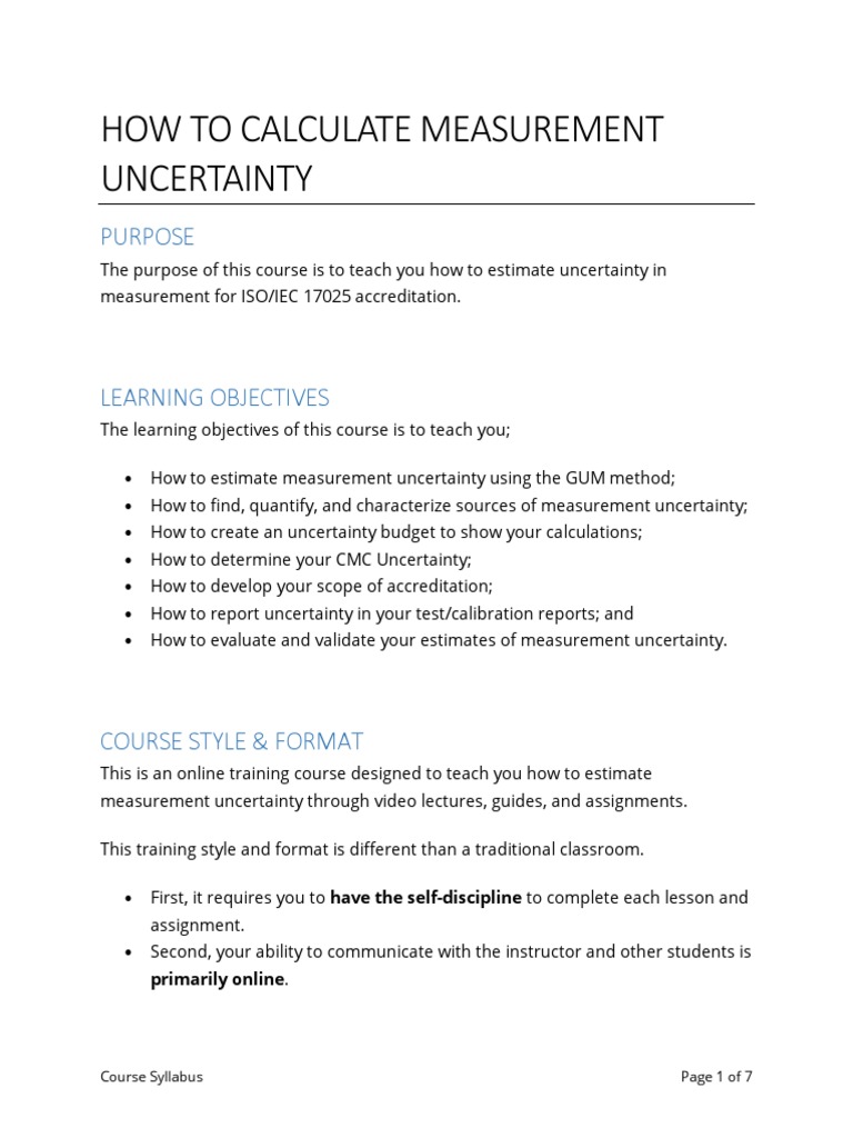 How To Calculate Measurement Uncertainty Purpose PDF Lecture