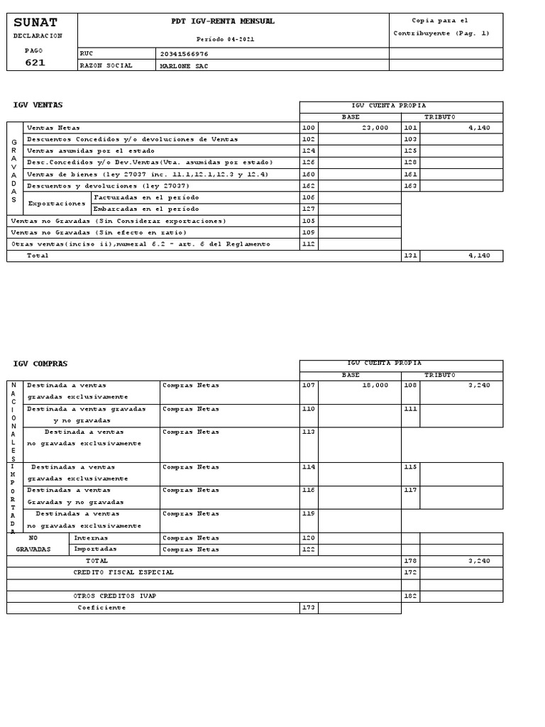 Declaración PDT IGV-Renta Mensual 04-2021 | PDF | Pagos | Impuestos