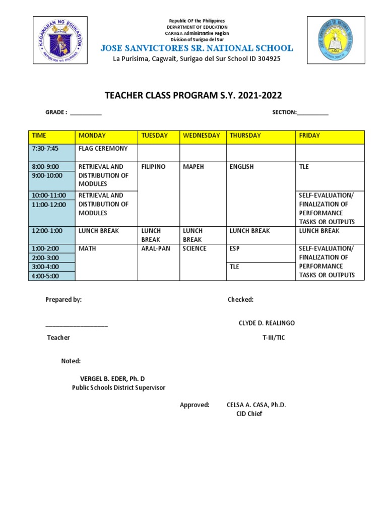 Teacher Class Program Sample | PDF