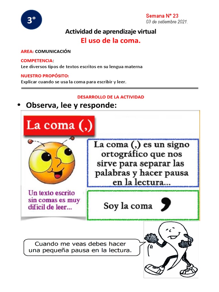 Ejercicios de uso de la coma para niños | PDF | Coma | Puntuación