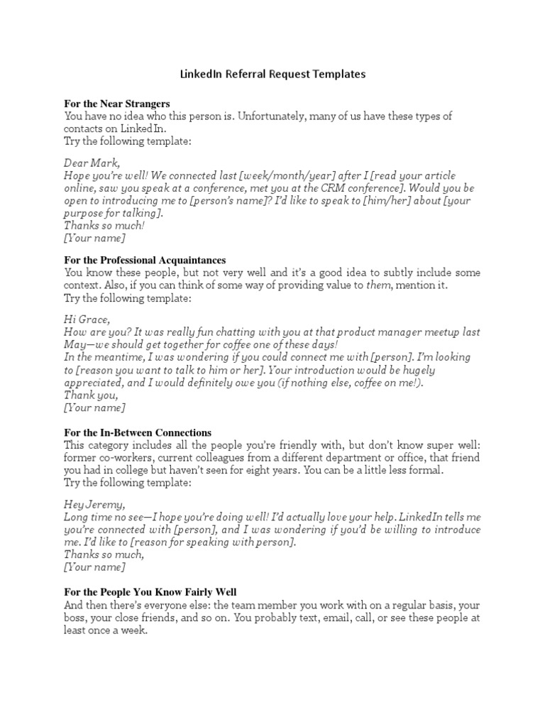 Linkedin Referral Request Templates For The Near Strangers PDF