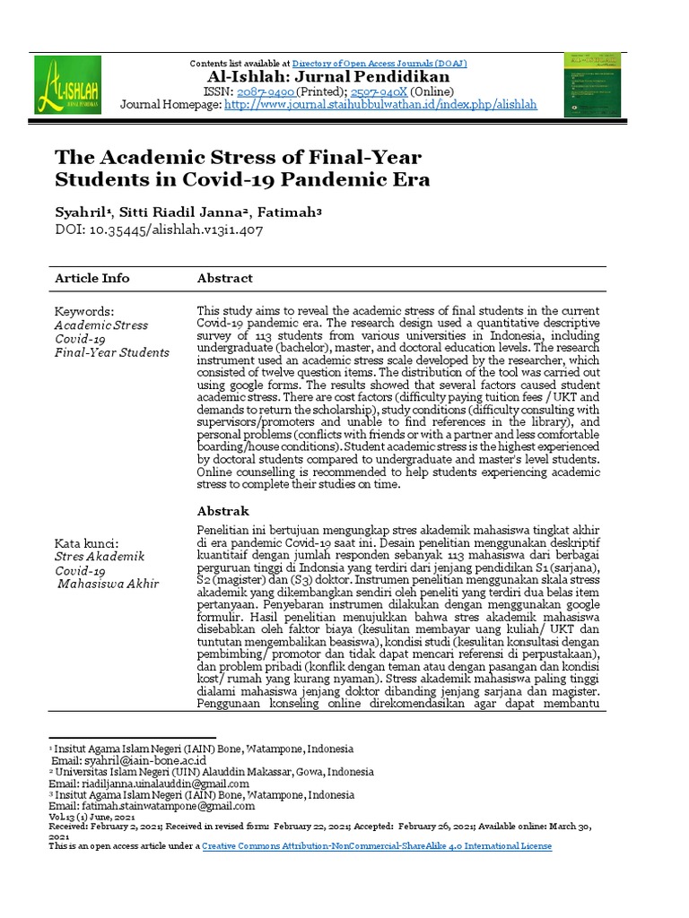 The Academic Stress of Final-Year Students in Covid-19 Pandemic Era ...