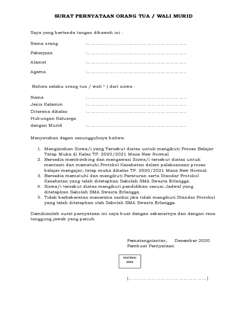 Surat Pernyataan Wali Murid | PDF
