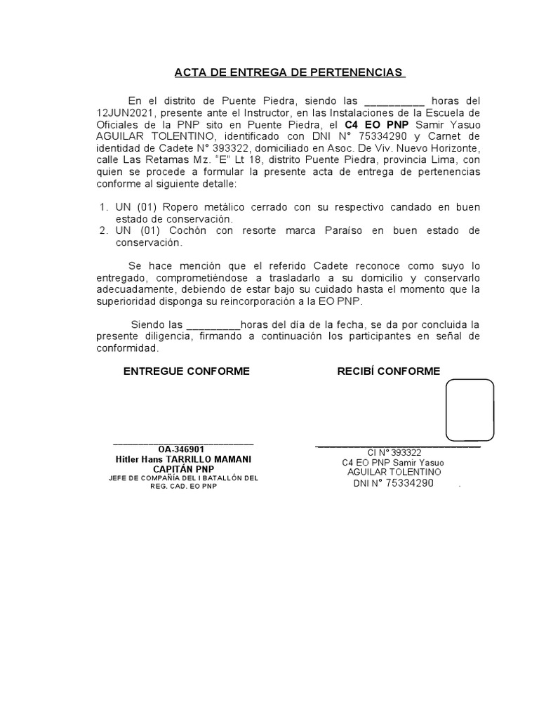 Acta de Entrega de Pertenencias PDF