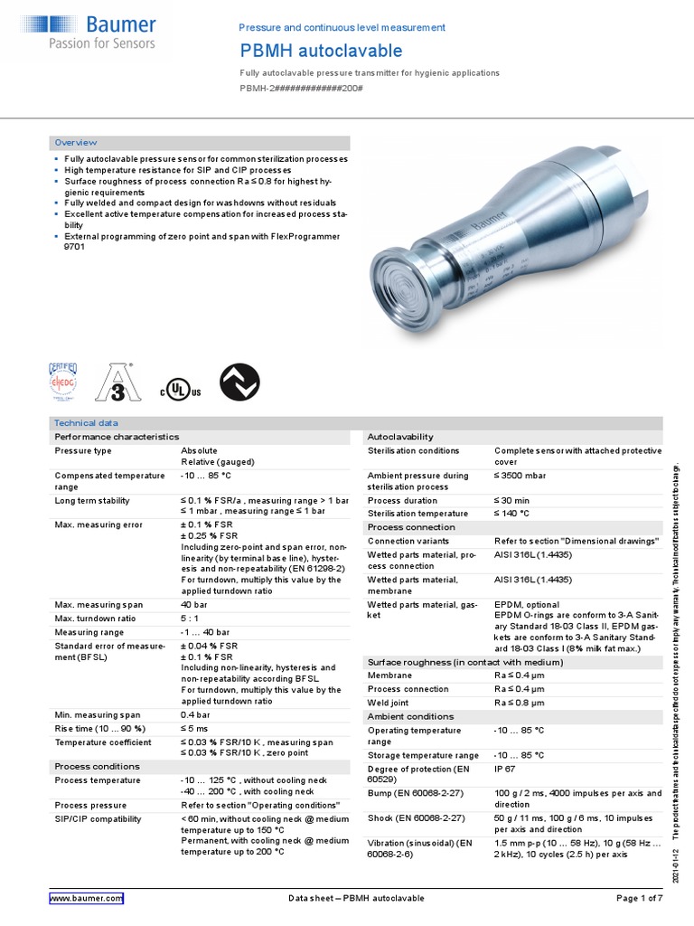 PBMH Autoclavable: Pressure and Continuous Level Measurement | PDF ...