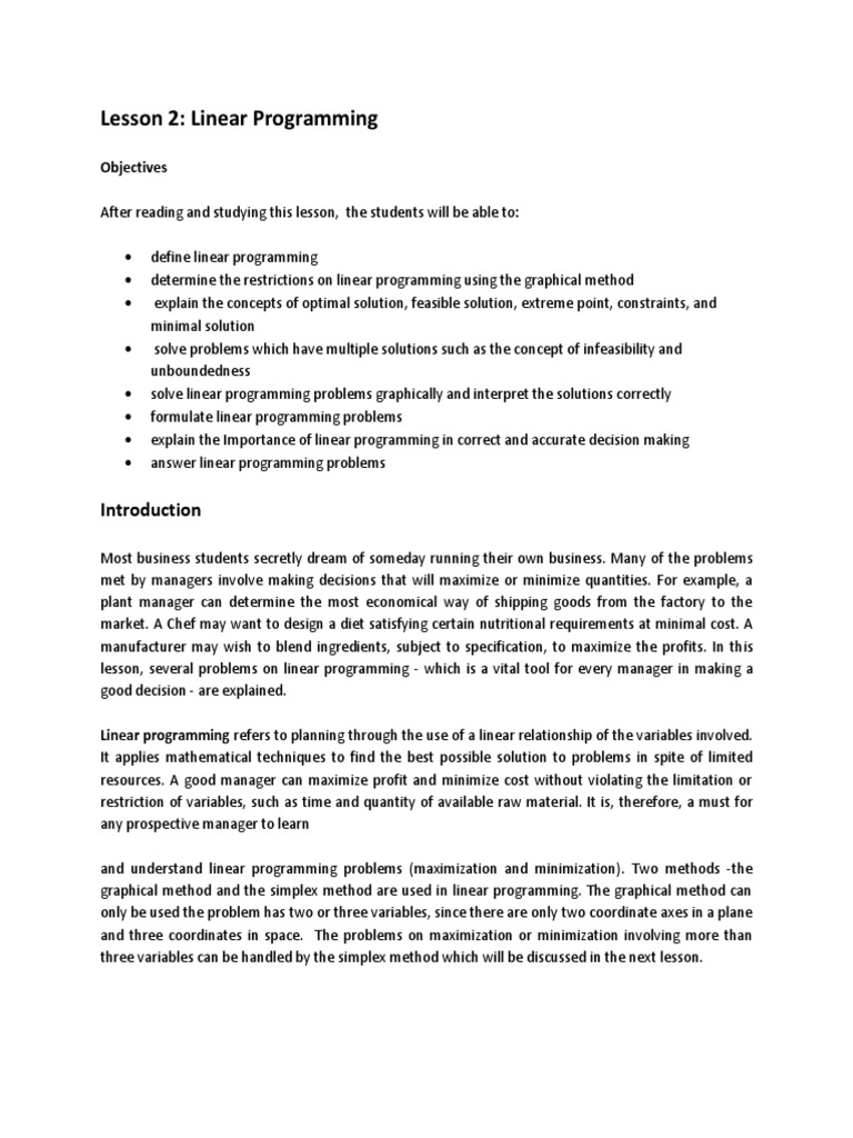 Lesson 2: Linear Programming: Objectives | PDF | Linear Programming ...