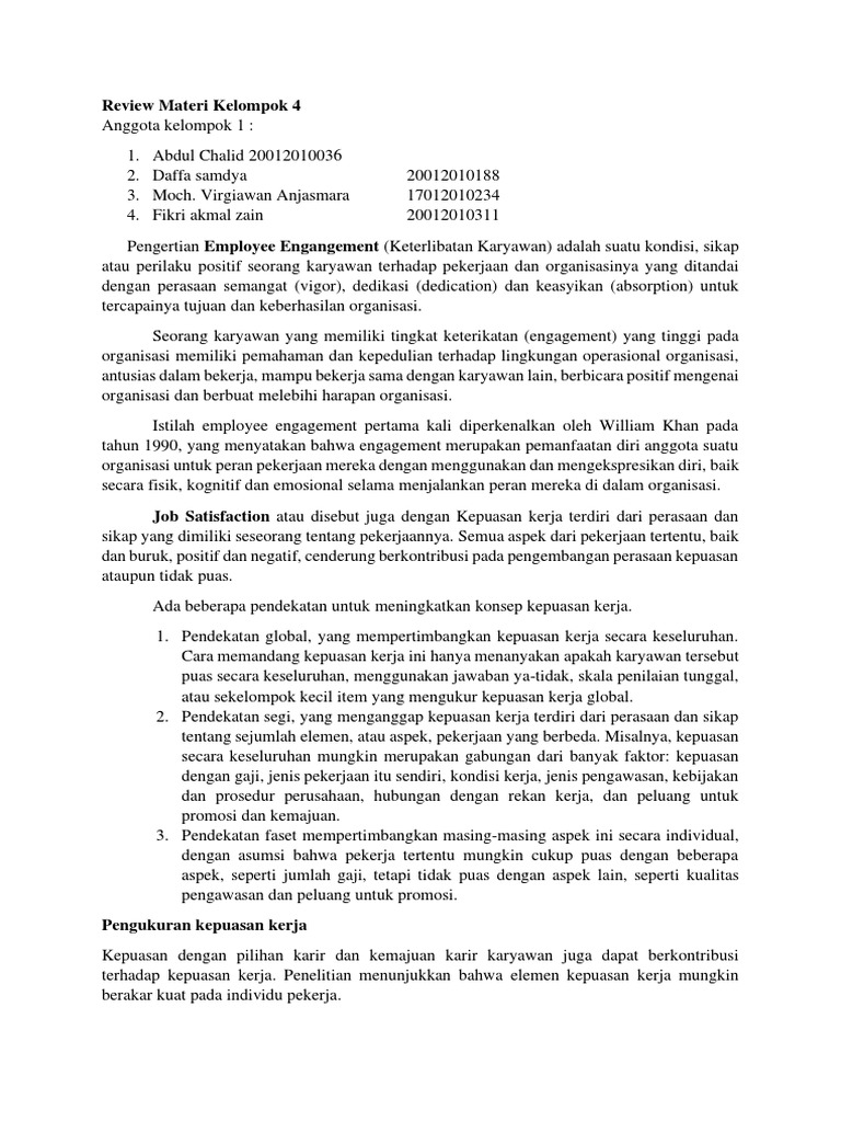 Keterlibatan Kepuasan Kerja Karyawan Pdf