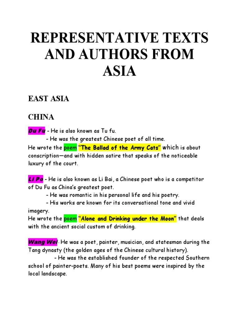Representative Authors and Texts from Asia | PDF | Chinese Poetry