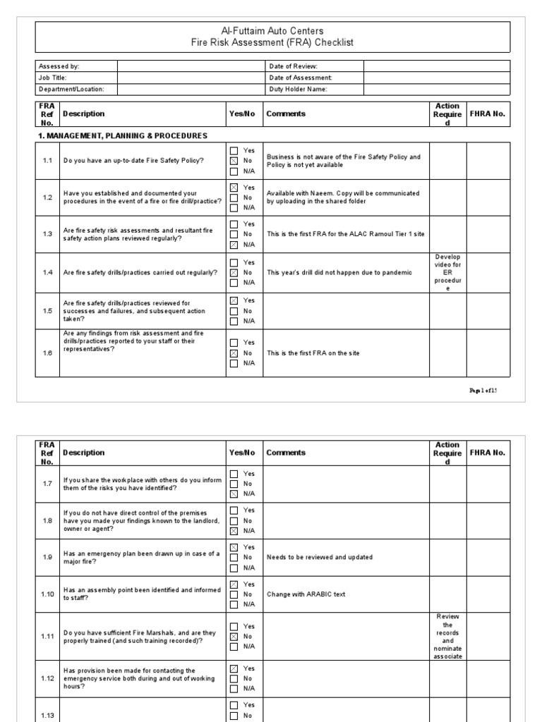 Fire Risk Assessment (FRA) - Blank Form | PDF | Fires | Fire Safety