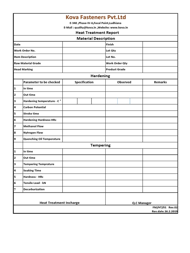 Kova Fasteners PVT - LTD: Heat Treatment Report Material Description ...