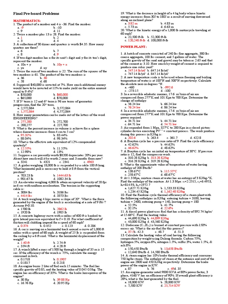 Final Pre-board Mathematics Problems | PDF | Horsepower | Engines