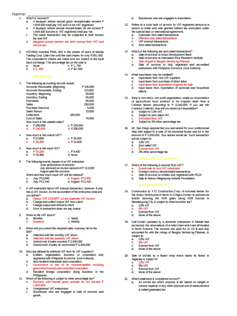 PDF Tax Review Overview Vat and Opt Quiz - Compress | PDF | Value Added Tax  | Taxes