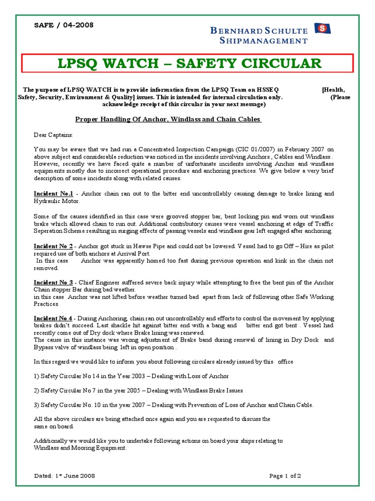 LPSQ Watch Safety Circular Proper Handling of Anchor, Windlass and