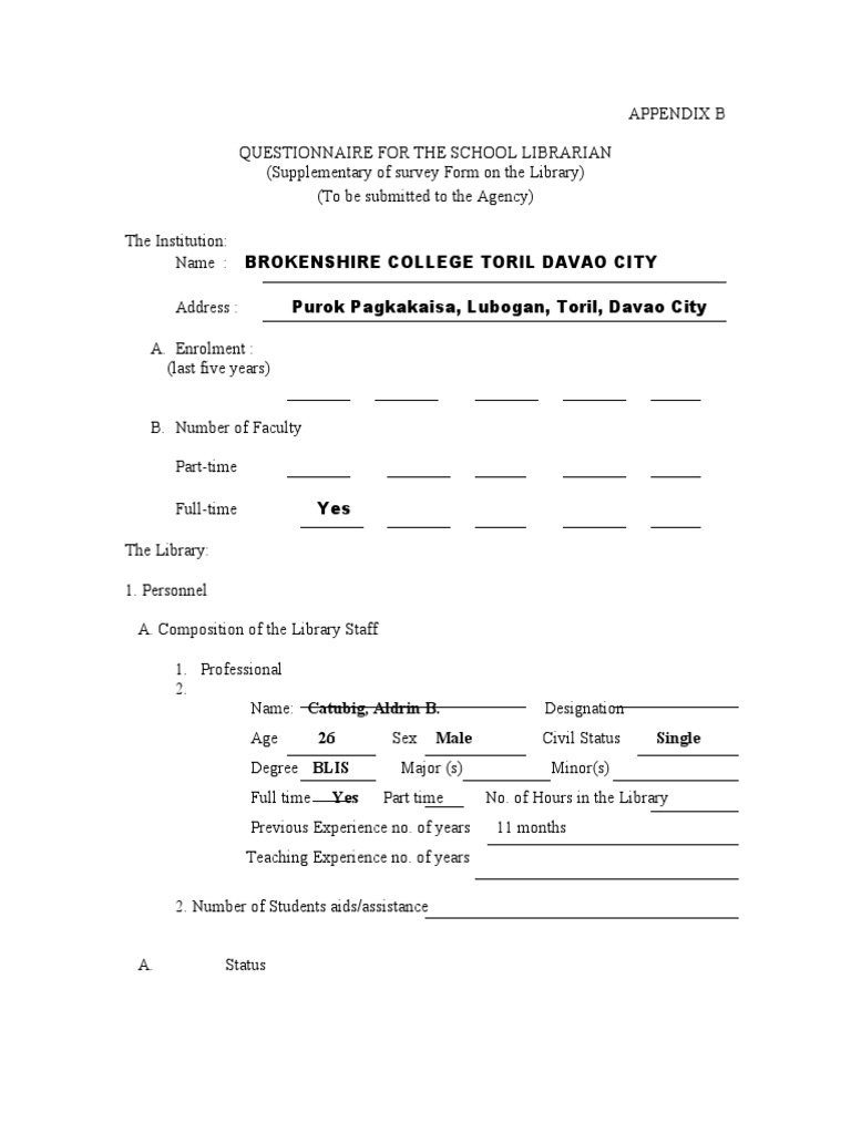 Questionnaire For The School Librarian | PDF | Libraries | Schools