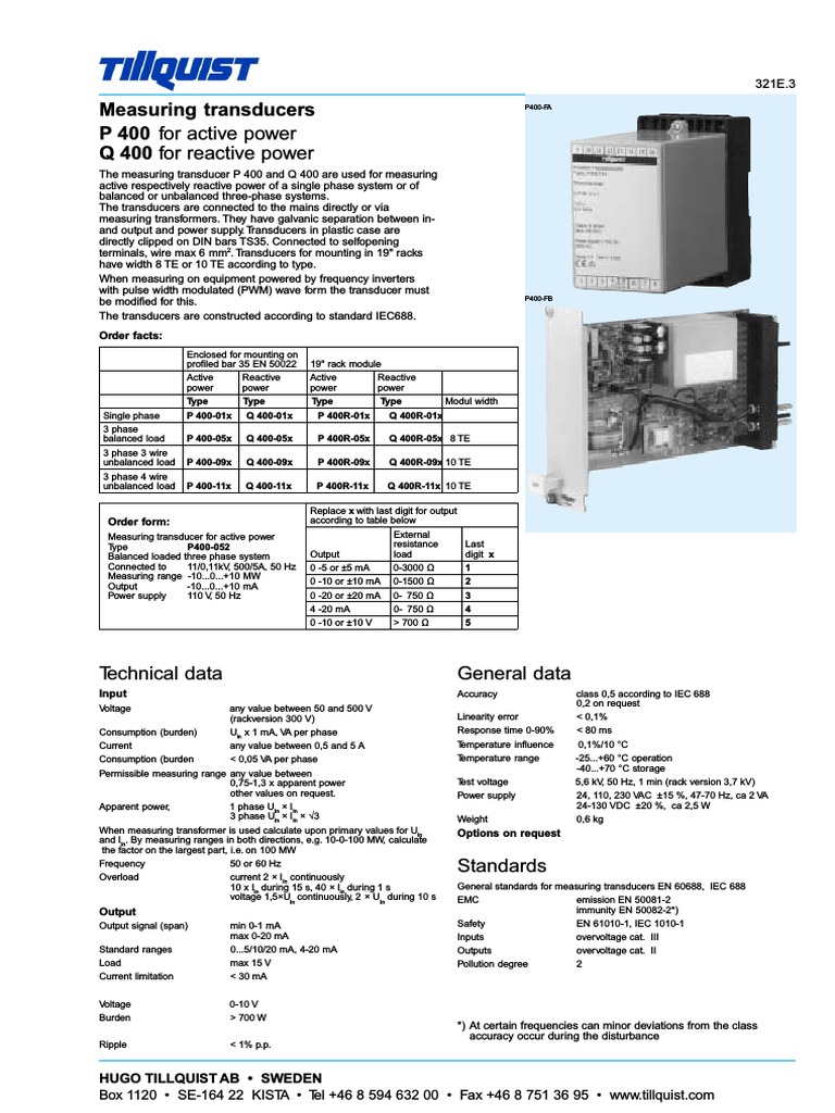 Measuring Transducers P 400 For Active Power Q 400 For Reactive Power ...