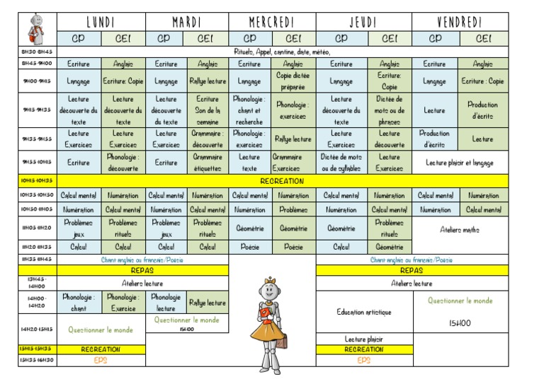 Emploi du temps CP-CE1 2024 | PDF | Écriture | Cognition