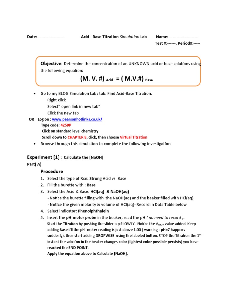 AcidBase Titration (Simulation Lab) PDF Chemistry Titration