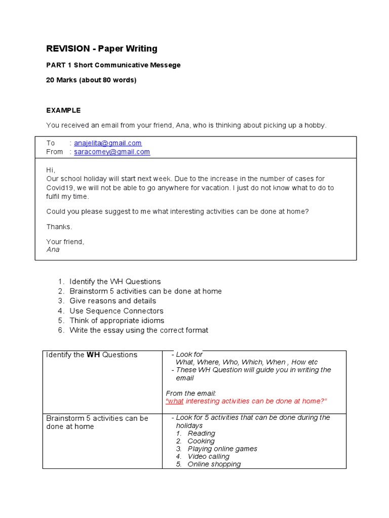 REVISION - Paper Writing: PART 1 Short Communicative Messege 20 Marks ...