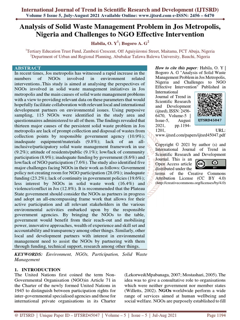 Analysis of Solid Waste Management Problem in Jos Metropolis, Nigeria ...