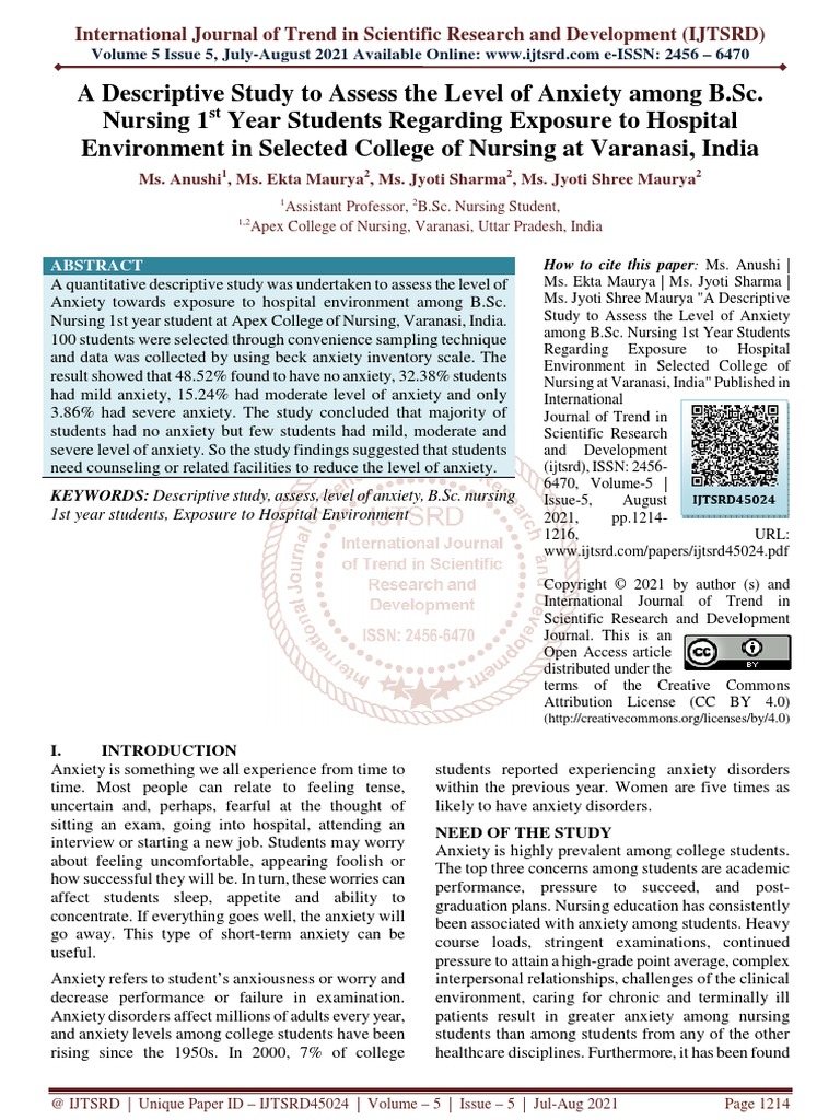 A Descriptive Study To Assess The Level of Anxiety Among B.Sc. Nursing ...