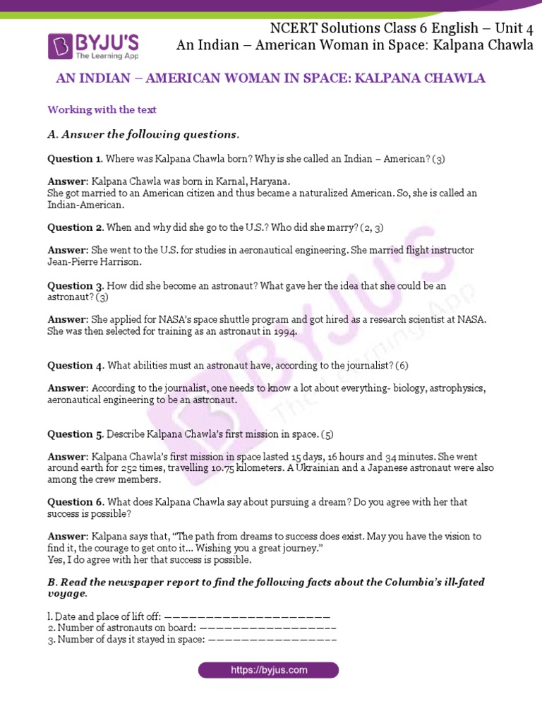 NCERT Solutions Honeysuckle Class 6 English Unit 4 An Indian American ...