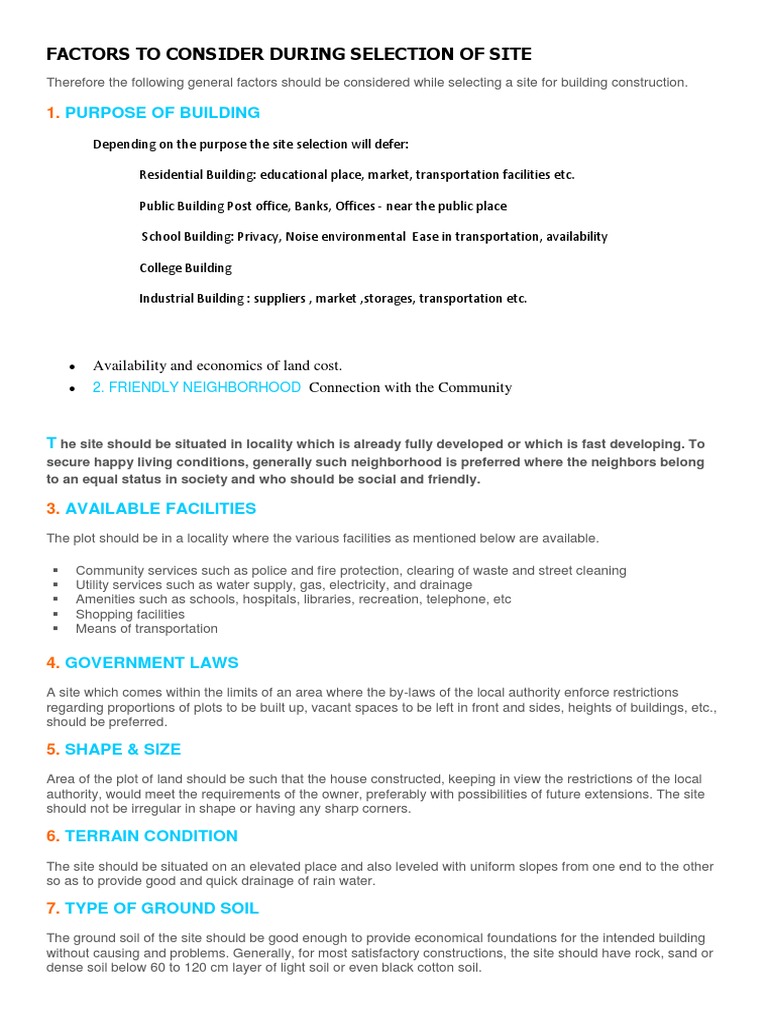 Key Factors in Site Selection for Buildings | PDF | Building | Drainage