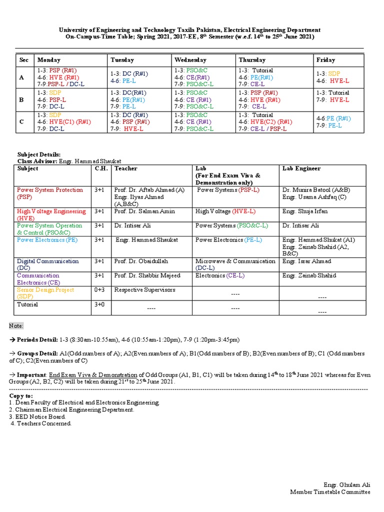 On-Campus Timetable of 2K17-EE, 8th Semester (Spring 2021) W.E.F 14 ...
