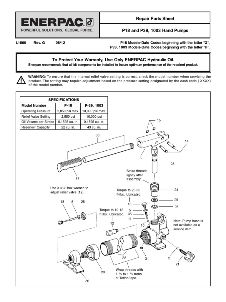 Enerpac P39 Repair Parts Sheet PDF Valve Mechanical Engineering