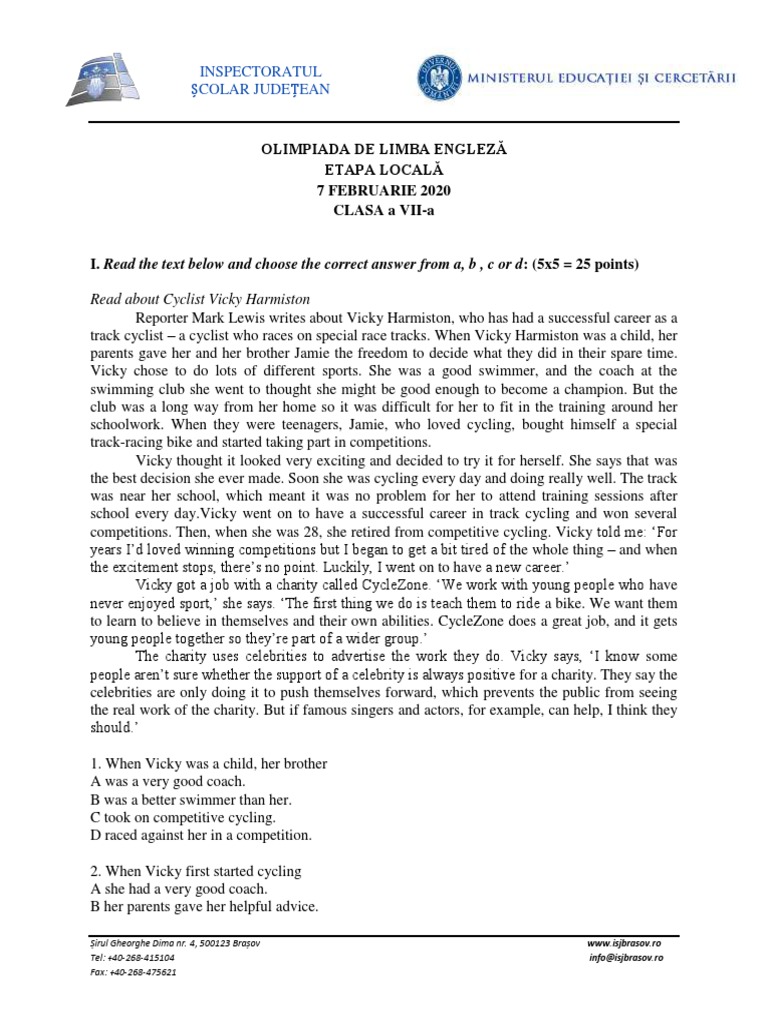 Subiecte Olimpiada Engleza, Cls A 7a PDF