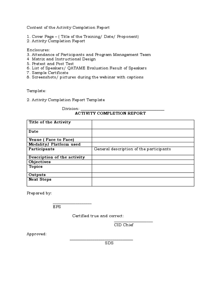 Activity Completion Report Template | PDF | Education Theory | Behavior ...