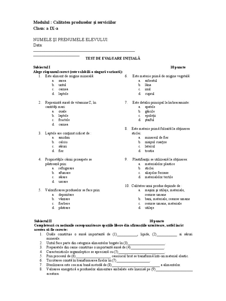 Test Initial 9 Calitatea Produselor Si Serviciilor | PDF