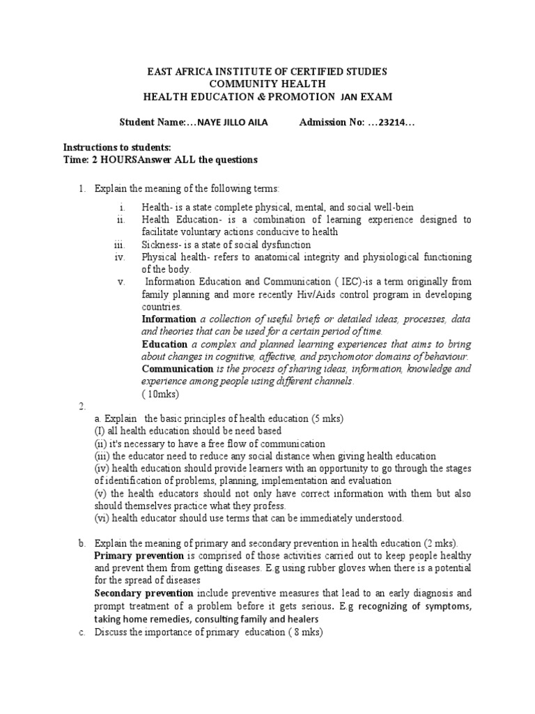 Ans. Health Education Exam PDF Health Education Preventive Healthcare