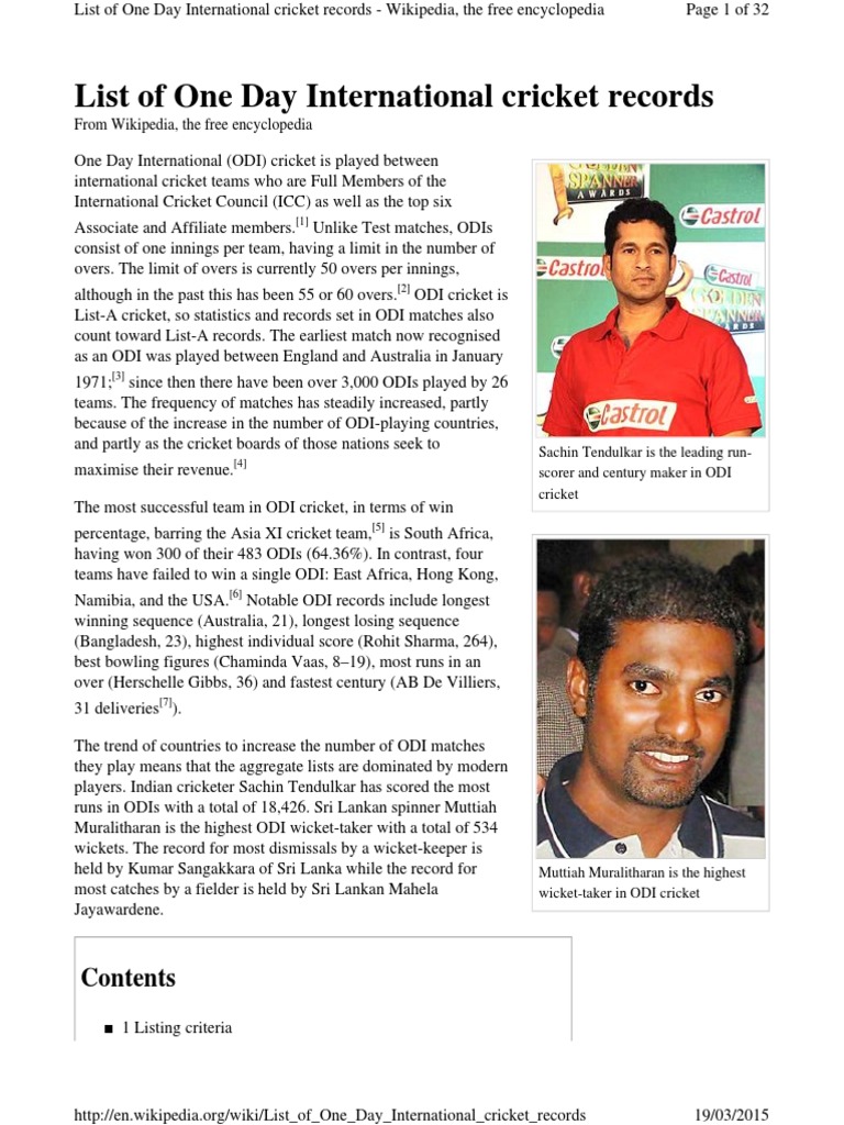 List of One Day International Cricket Records From Wikipedia, The Free