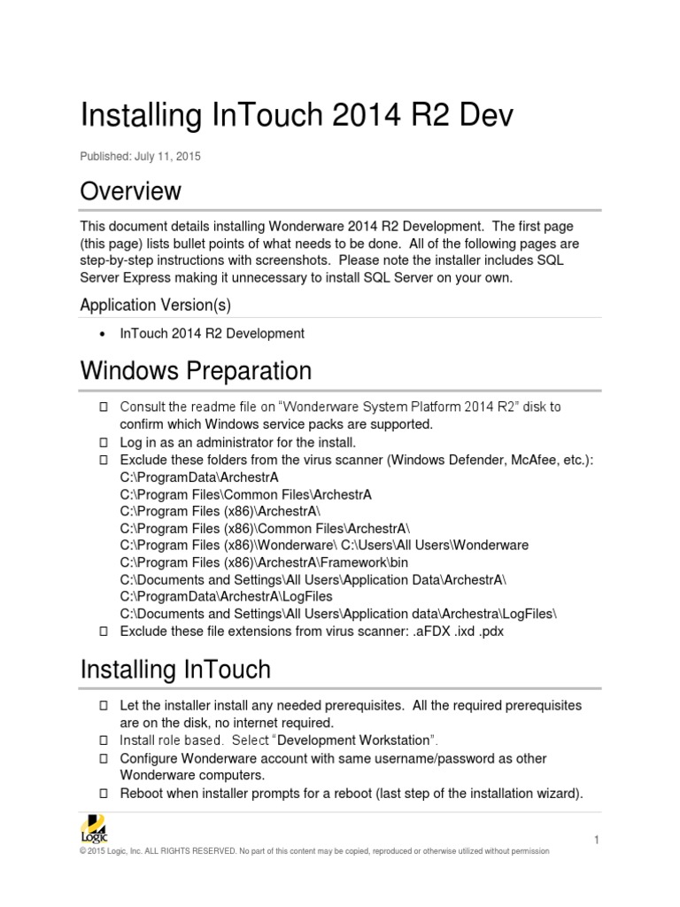Installing Wonderware InTouch 2014 R2 Development PDF Computer File Installation