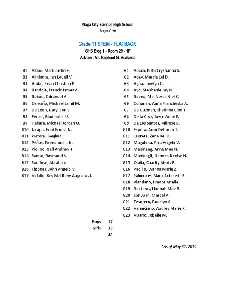 Grade 11 Stem Flatback Naga City Science High School Naga City PDF