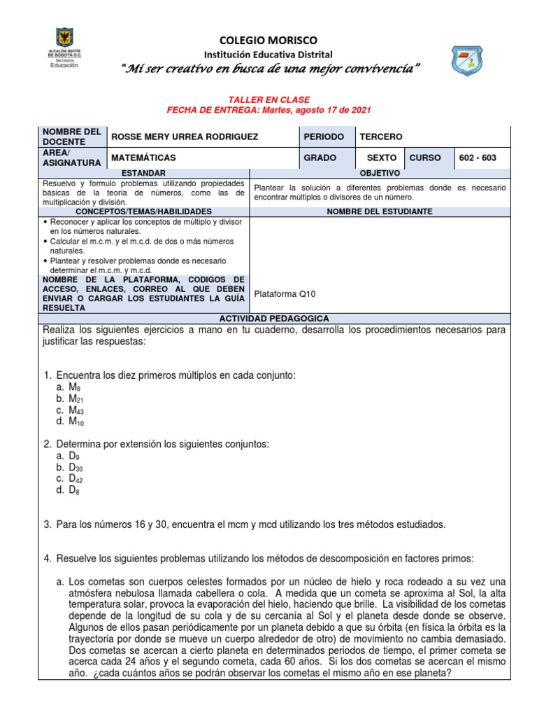 Taller Matemáticas: Múltiplos y Divisores | PDF | Cometa