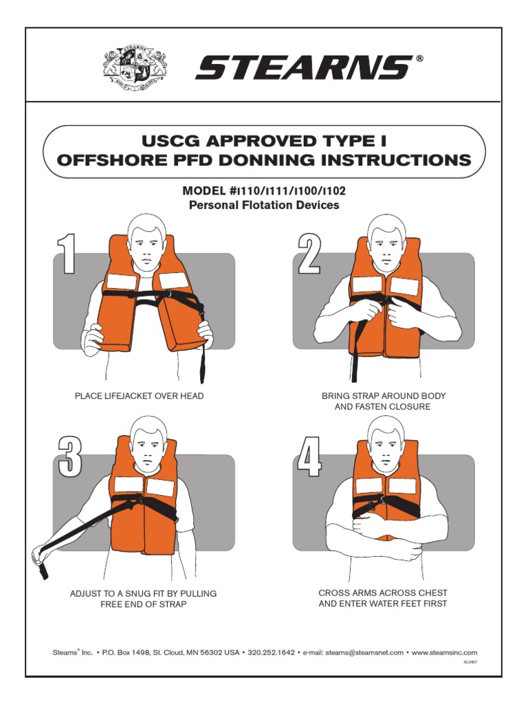 Uscg Approved Type I Offshore PFD Donning Instructions Model 110/ 111/ 100/ 102 Personal