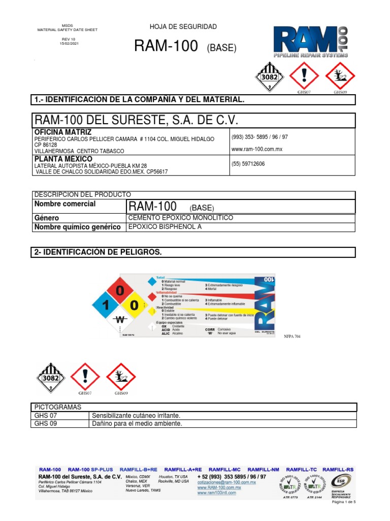 Material Safety Data Sheet for RAM-100 (BASE) Epoxy Resin | PDF | Agua ...