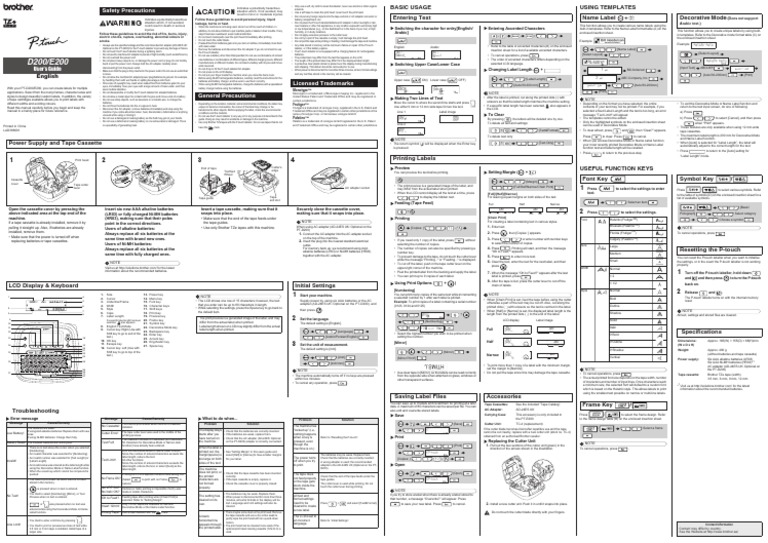 Brother PTouch D200/E200 Manual PDF Trademark Page Layout