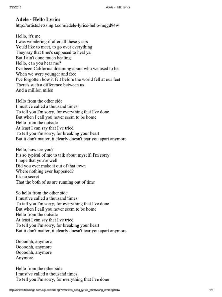 Fdocuments In Adele Hello Lyrics Pdf