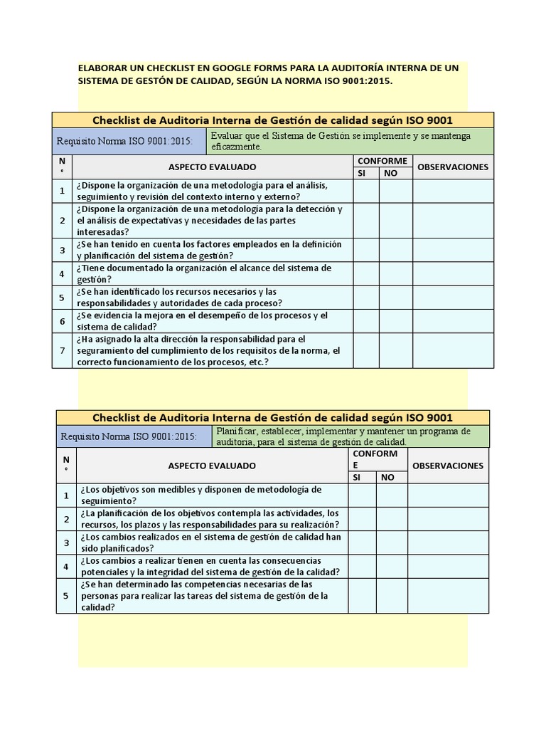 Checklist Auditoría Interna ISO 9001 | PDF | Auditoría | Sistema de ...