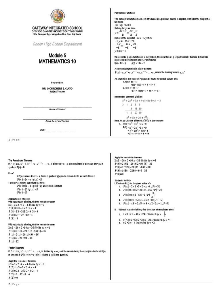 Q1 Mathematics 10 Module 5 | PDF | Function (Mathematics) | Equations