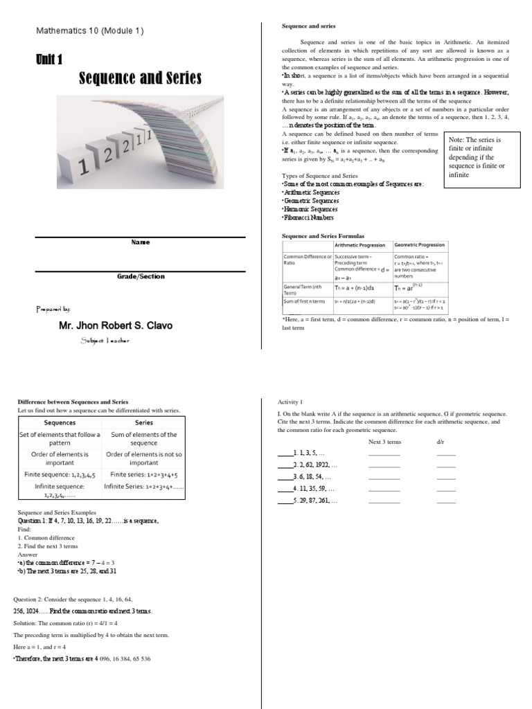 Grade 10 Sequences and Series Module | PDF | Sequence | Mathematical ...