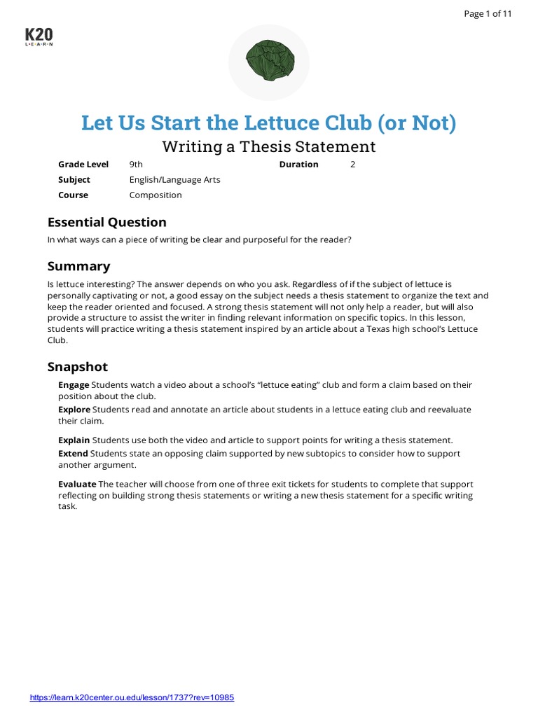 Let Us Start The Lettuce Club (Or Not) : Writing A Thesis Statement ...