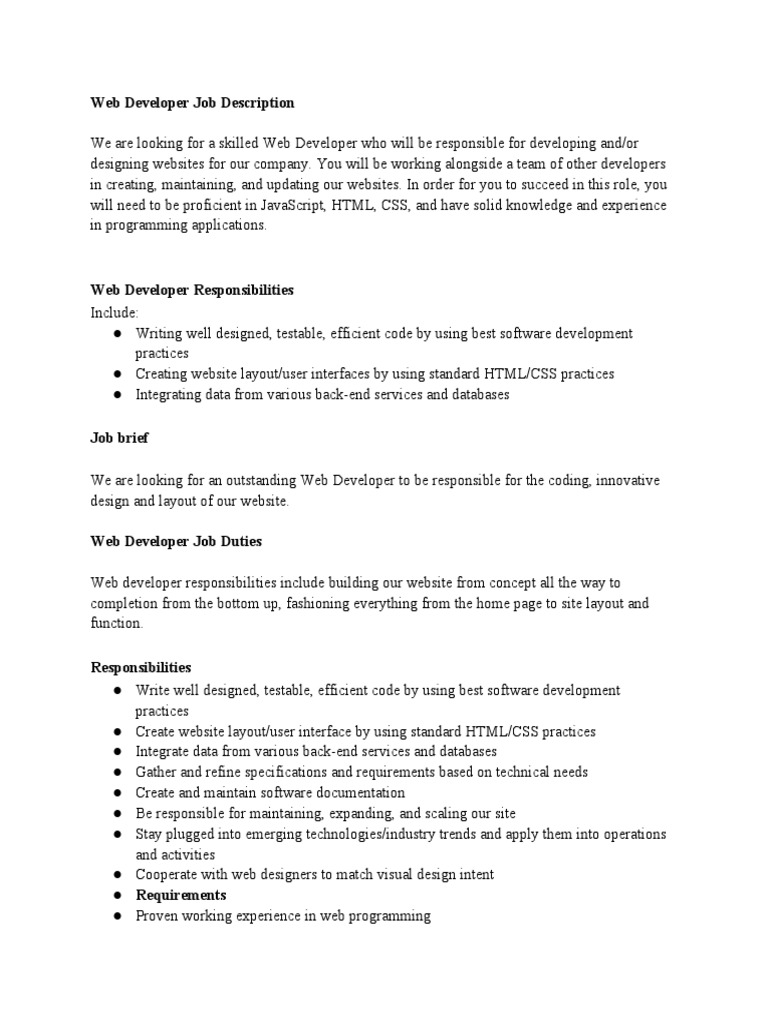 Web Developer Job Description PDF Technical Support World Wide Web