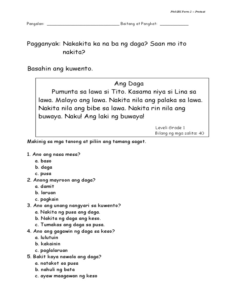 PHIL IRI PASSAGES FILIPINO Grade 1 Grade 7 PDF