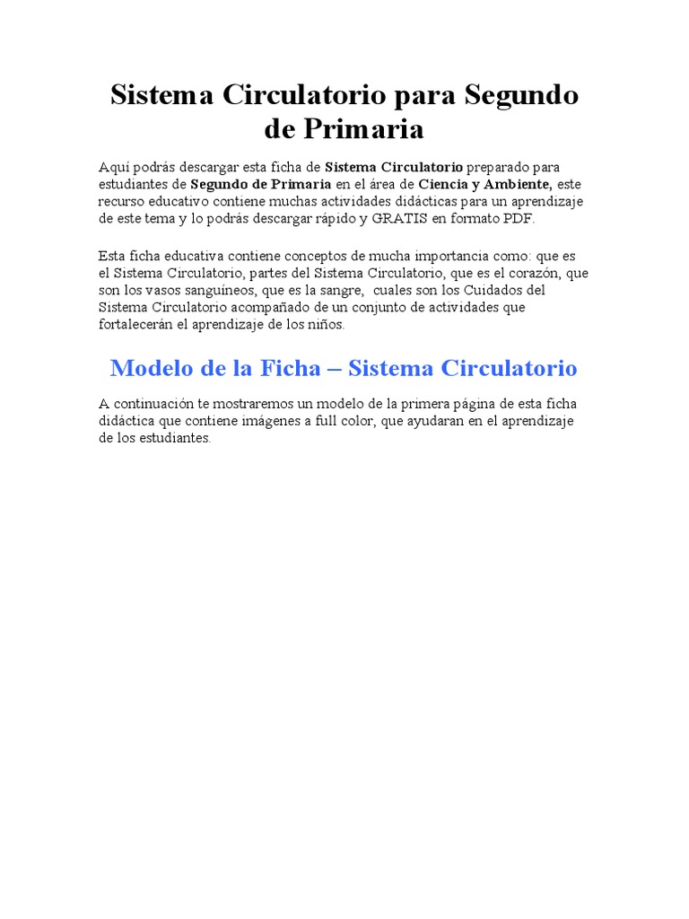 Ficha del Sistema Circulatorio para Niños | PDF | Sistema circulatorio ...