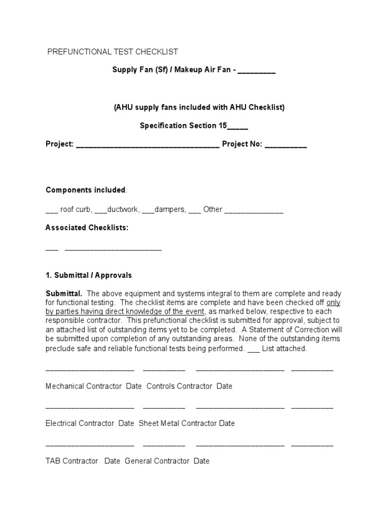 Supply Fan Prefunctional Test Checklist | PDF | Duct (Flow ...